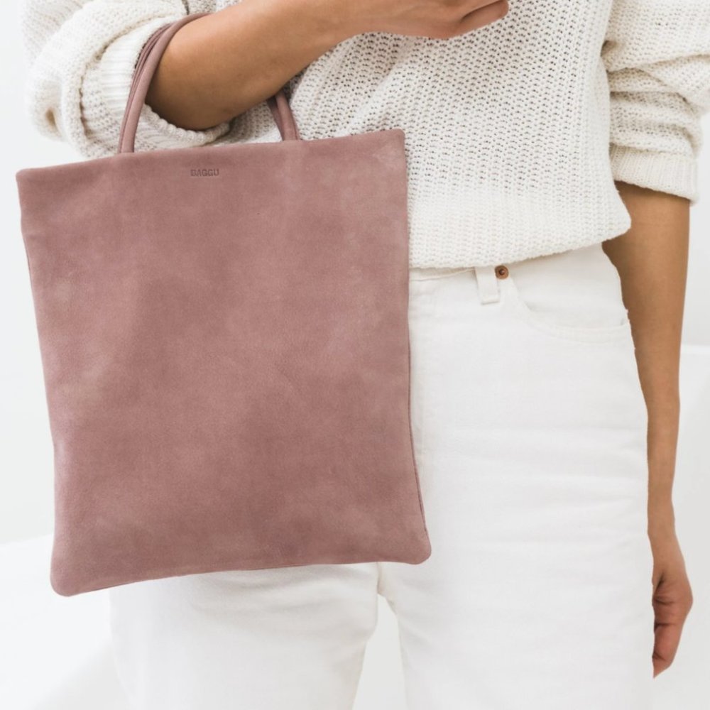 Baggu Mini Flat Leather Tote in Taro (Mauve)
